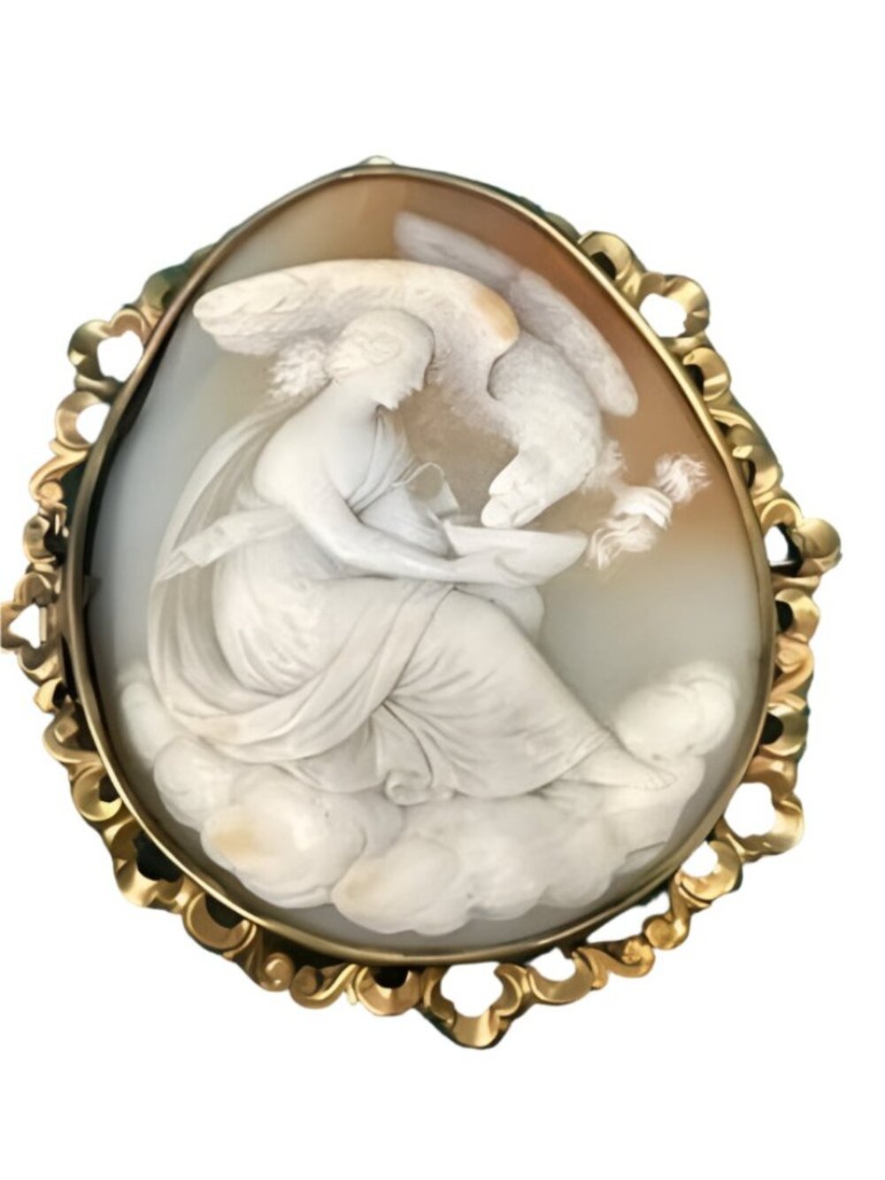 Antique Hand-Carved Cameo Hebe & Eagle In 10K Gold Frame Oval Brooch